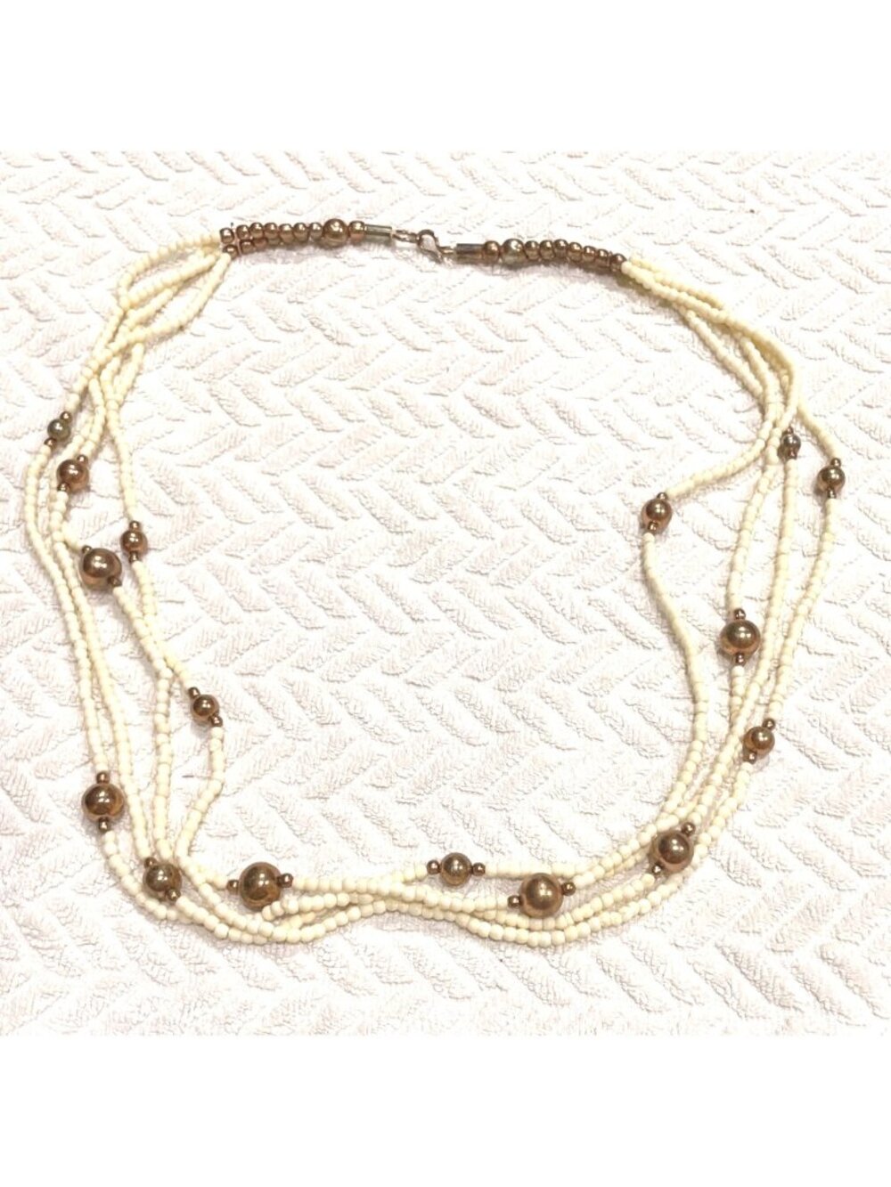 Vintage 28" Multi-Strand Cream Bead Necklace Boho Gold-Tone Hook Clasp
